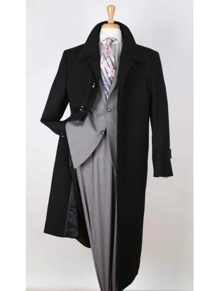 Black Gabardine Overcoat Wide Lapels: Classic Wool Elegance