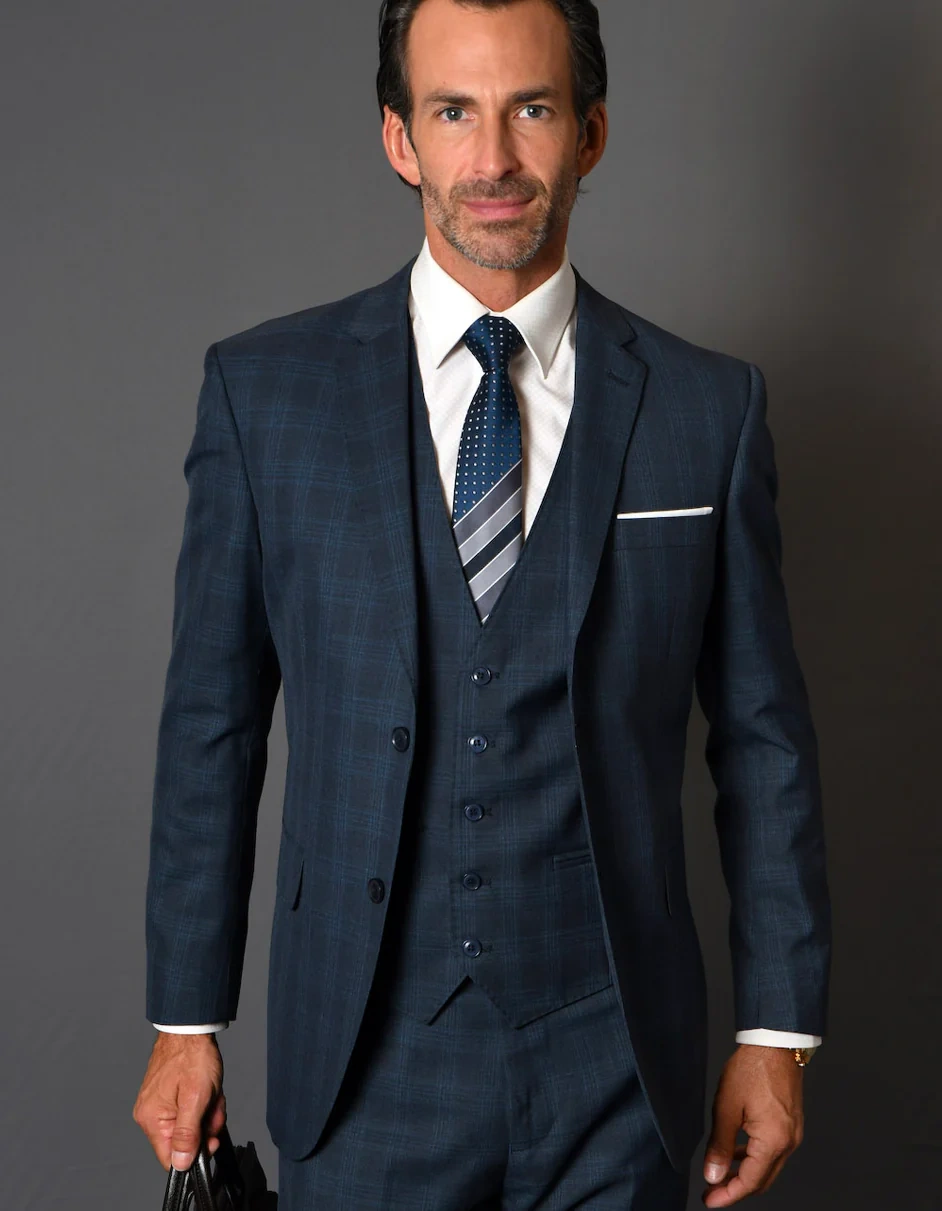 Navy Plaid Wool Suit Vest: Elevate Your Business Game. 100% Pure Comfort.